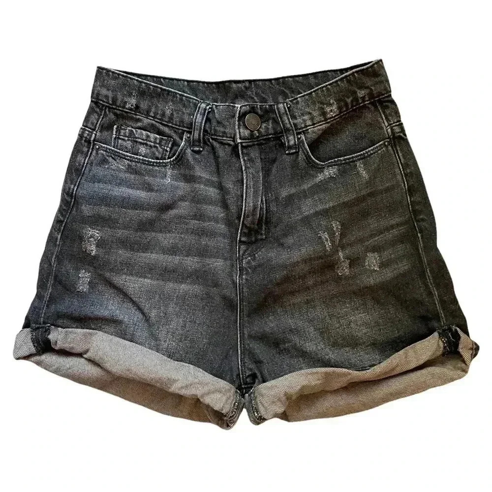 BDG Black Denim Distressed Mom High Rise Shorts